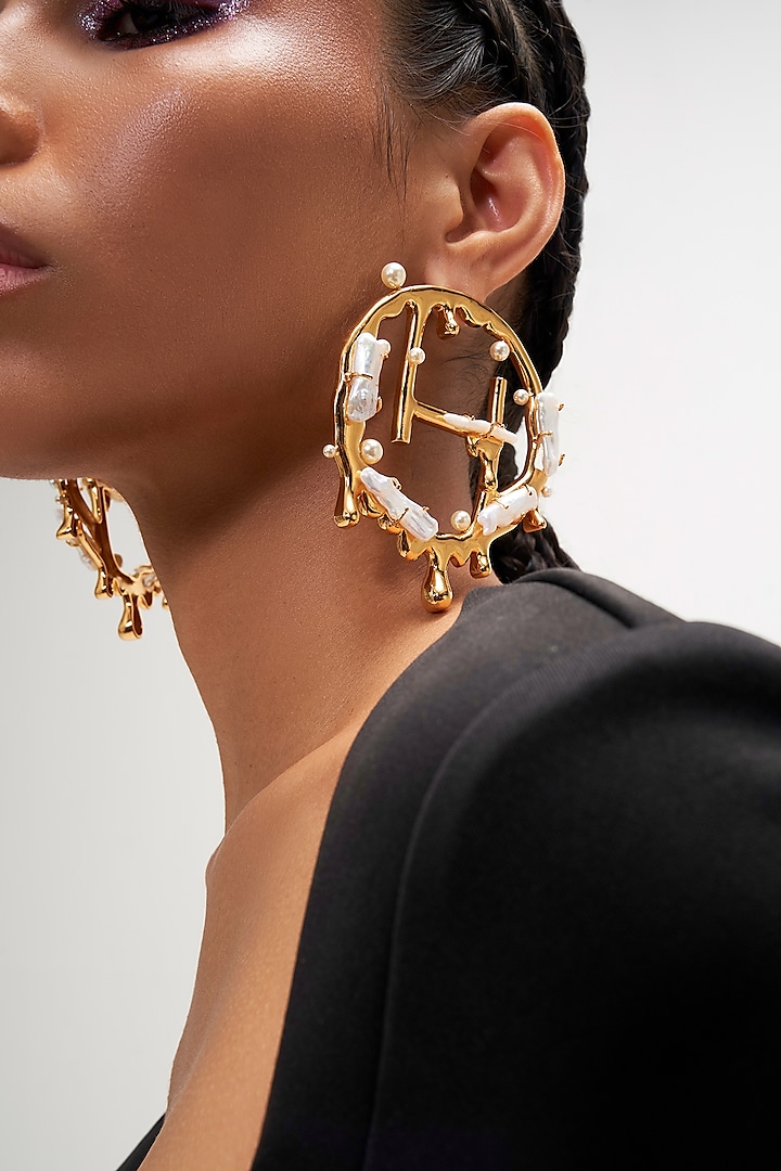 Gold Plated Keshi Pearl Monogram Earrings by Outhouse at Pernia's Pop Up Shop