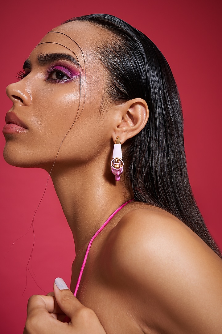 Gold Plated Pink Enamelled Hoop Earrings by Outhouse at Pernia's Pop Up Shop