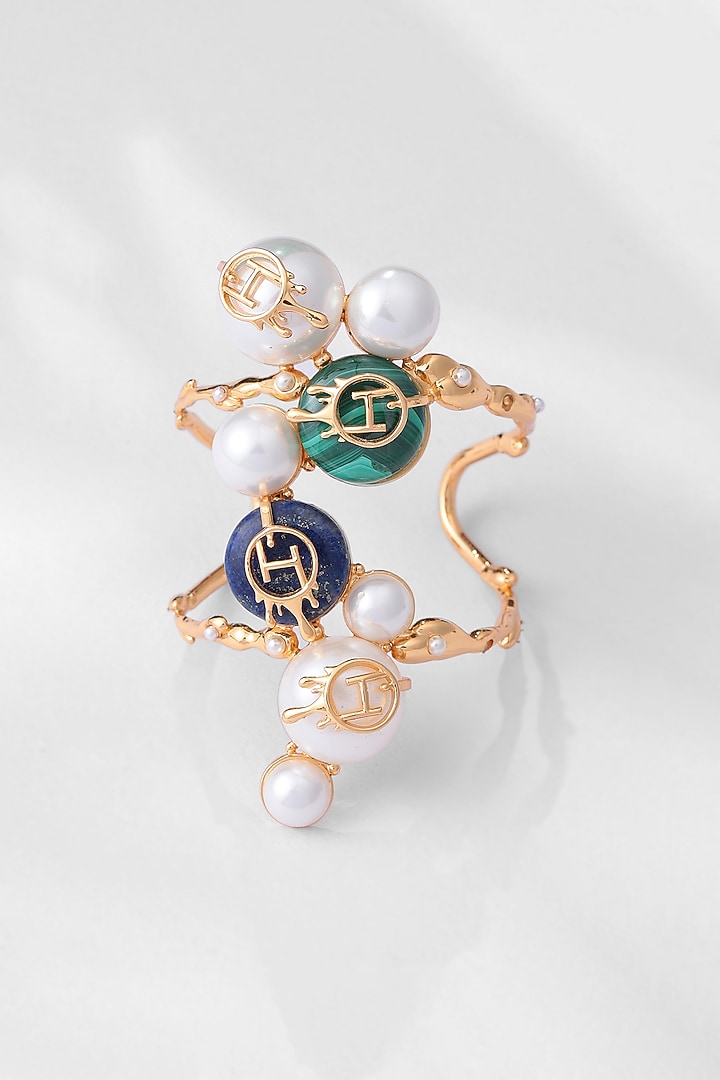 Gold Plated Pearl & Lapis Hand Cuff by Outhouse at Pernia's Pop Up Shop