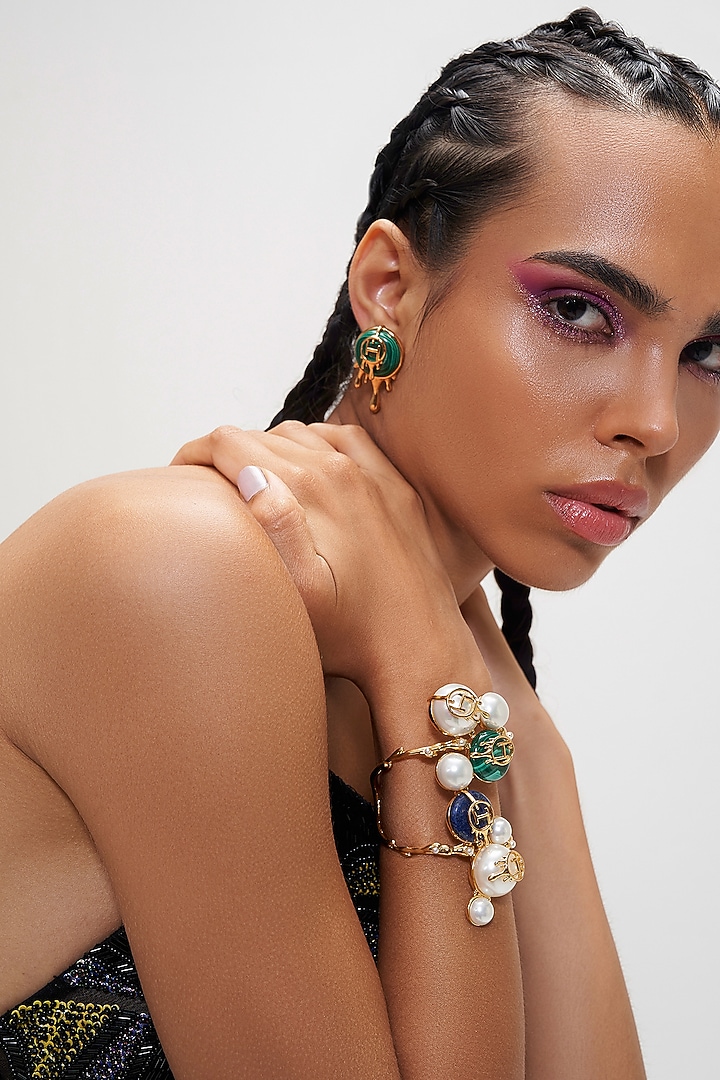 Gold Plated Pearl & Lapis Hand Cuff by Outhouse at Pernia's Pop Up Shop