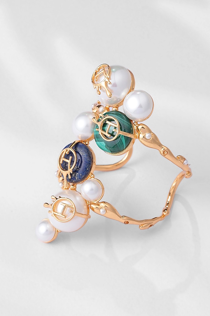Gold Plated Pearl & Lapis Hand Cuff by Outhouse at Pernia's Pop Up Shop