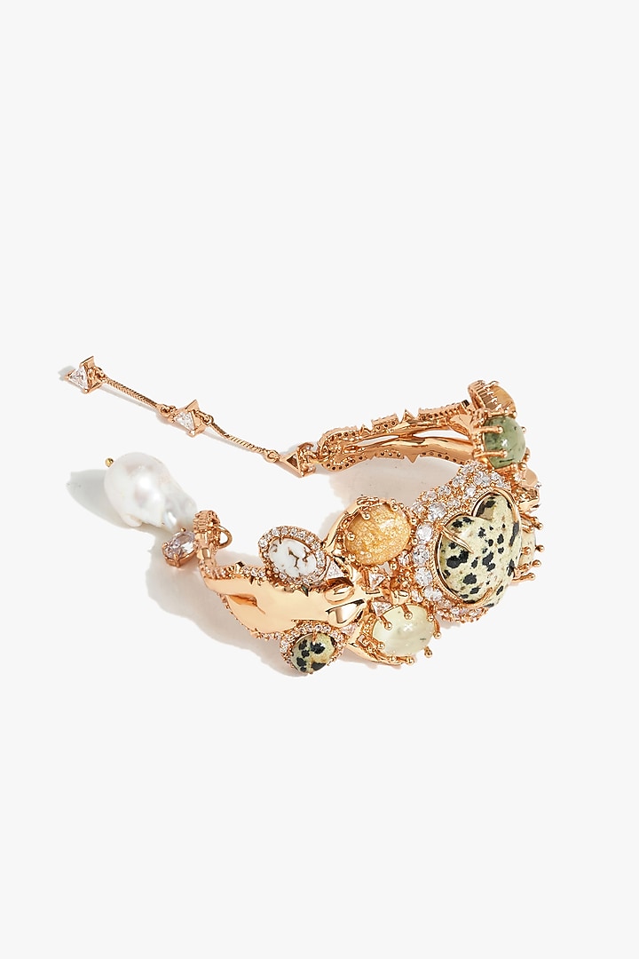 Rose Gold Plated Baroque Pearl & Prehnite Stone Cuff by Outhouse at Pernia's Pop Up Shop