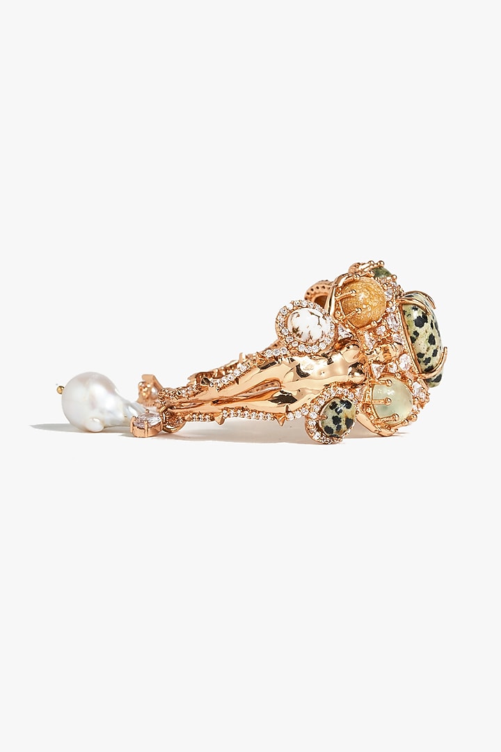 Rose Gold Plated Baroque Pearl & Prehnite Stone Cuff by Outhouse at Pernia's Pop Up Shop