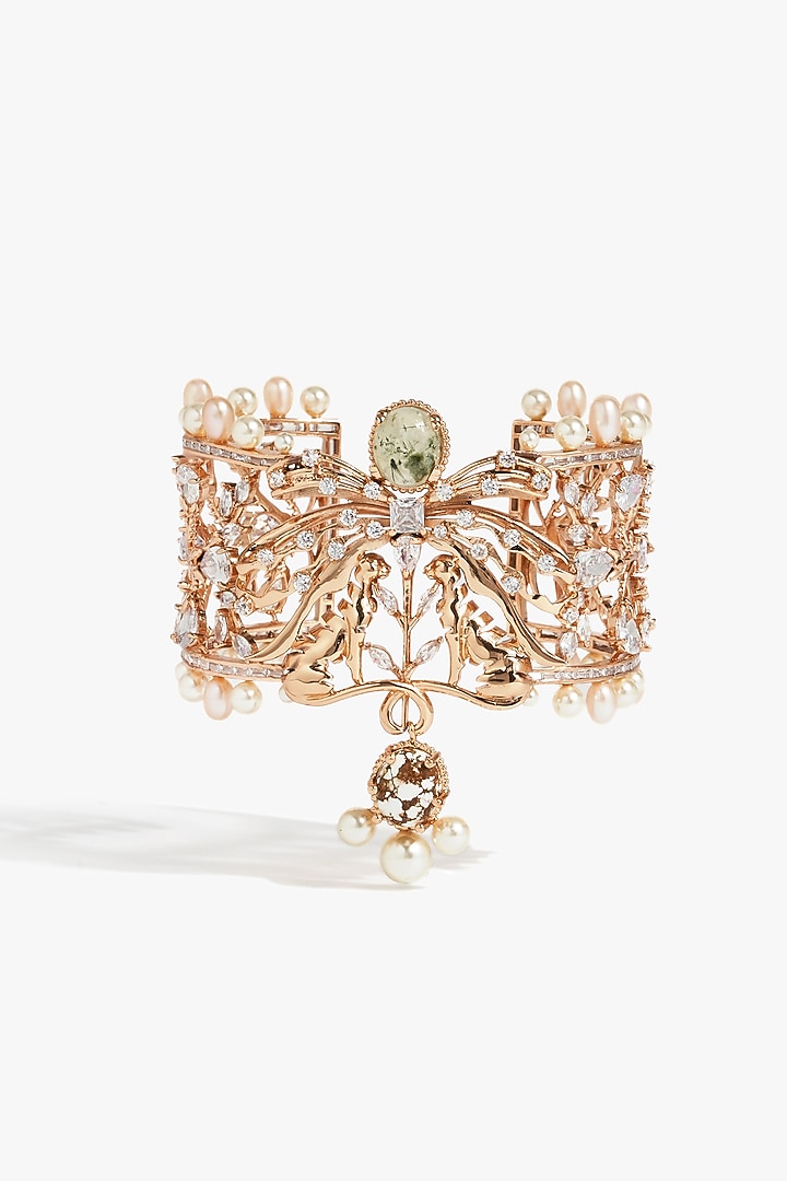 Rose Gold Plated Prehnite Drop & Cubic Zirconia Cuff by Outhouse at Pernia's Pop Up Shop
