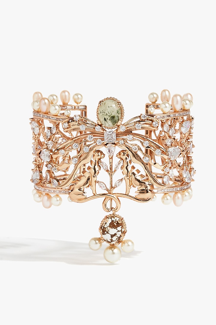 Rose Gold Plated Prehnite Drop & Cubic Zirconia Cuff by Outhouse at Pernia's Pop Up Shop