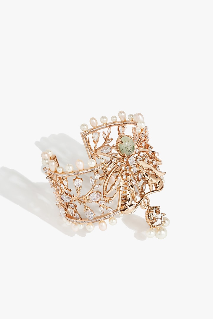 Rose Gold Plated Prehnite Drop & Cubic Zirconia Cuff by Outhouse at Pernia's Pop Up Shop