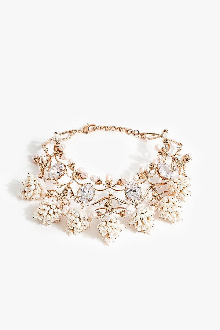 Rose Gold Plated Cubic Zirconia & Pearl Choker Necklace by Outhouse at Pernia's Pop Up Shop