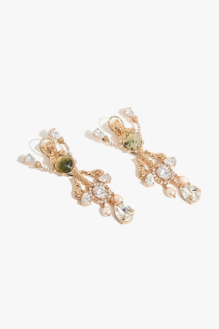 Rose Gold Plated Swarovski & Prehnite Stone Dangler Earrings by Outhouse at Pernia's Pop Up Shop