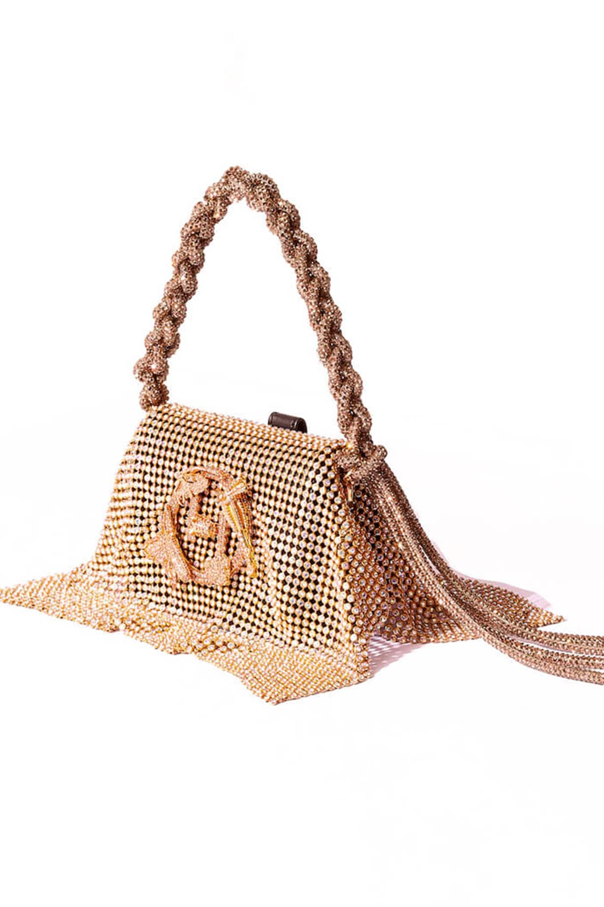 Gold Vegan Leather Bag with Rhinestones by Outhouse