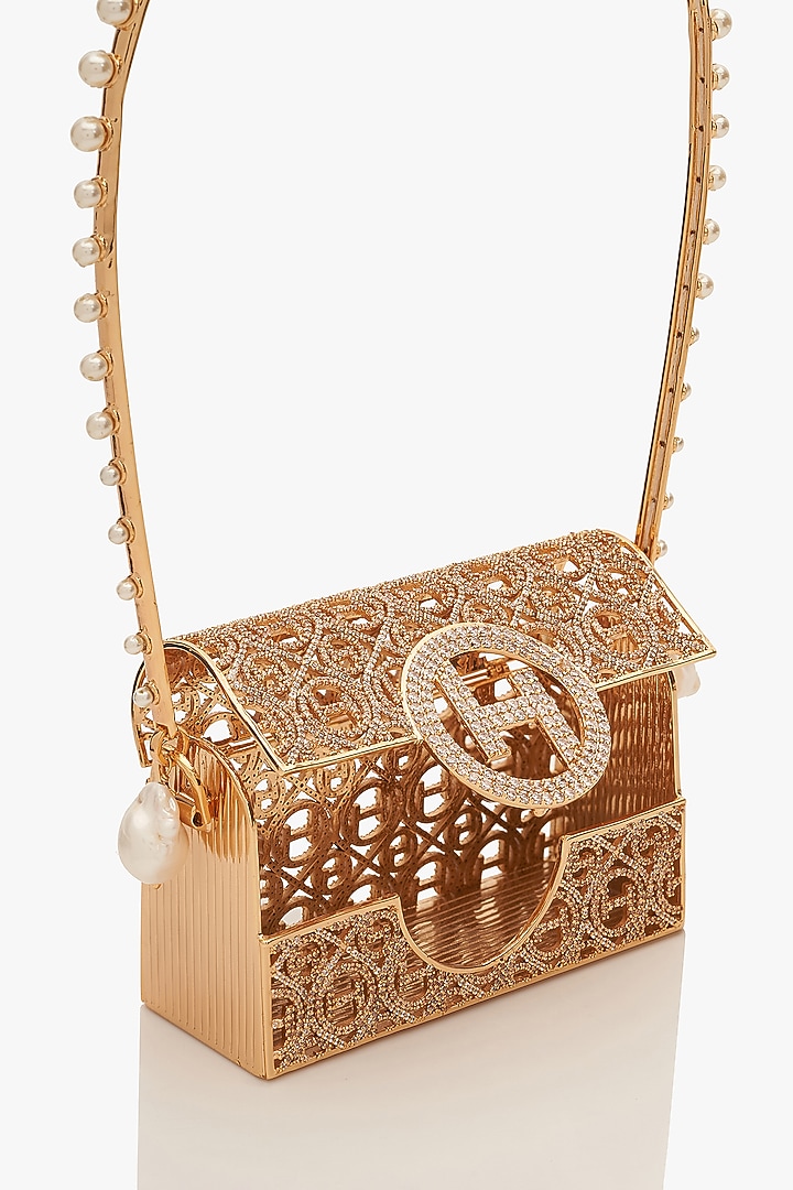 Champagne Gold Brass Pearl Bag by Outhouse at Pernia's Pop Up Shop
