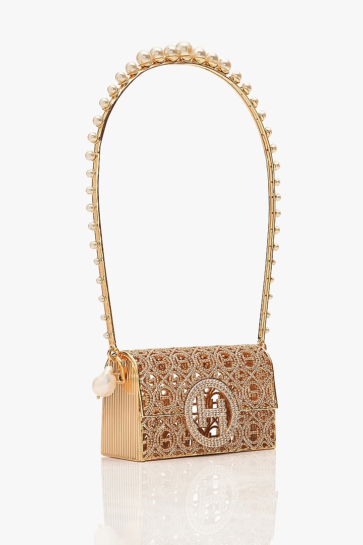 Champagne Gold Brass Pearl Bag by Outhouse at Pernia's Pop Up Shop