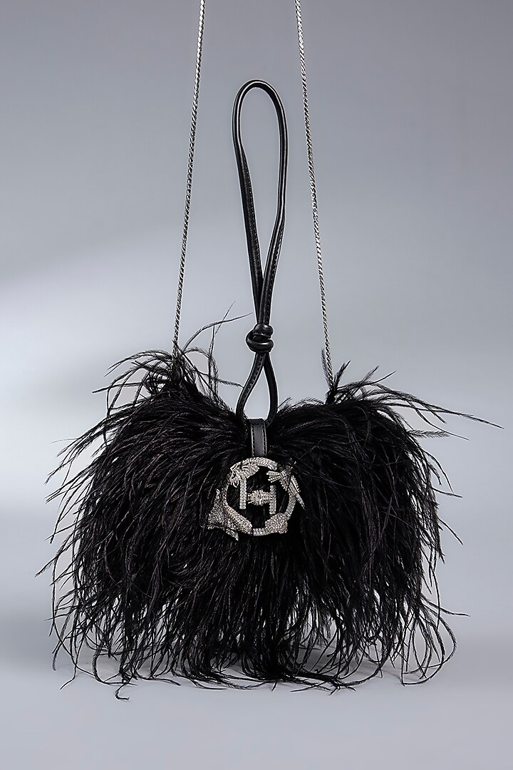 Black Vegan Leather Feather Minivet Bag by Outhouse at Pernia's Pop Up Shop