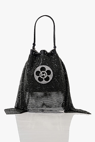 Black Vegan Leather & Rhinestone Mesh Floral Zirconia Bucket Bag by Outhouse