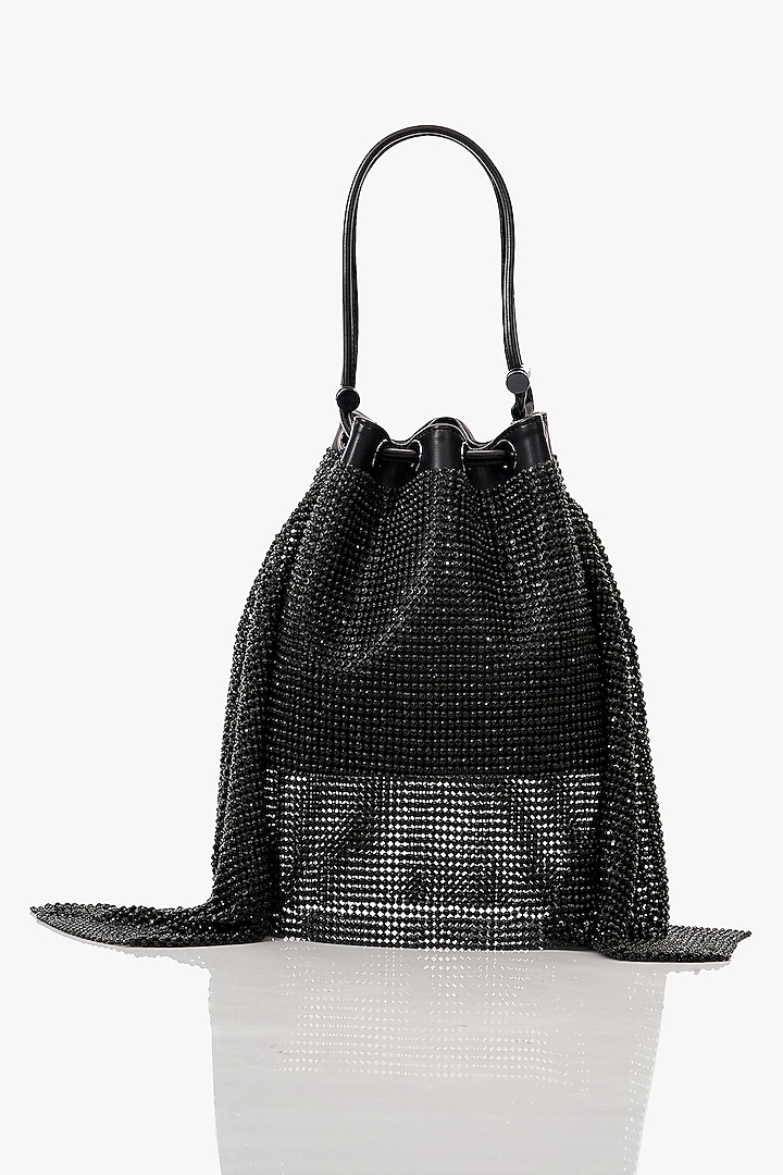 Black Vegan Leather & Rhinestone Mesh Floral Zirconia Bucket Bag by Outhouse at Pernia's Pop Up Shop