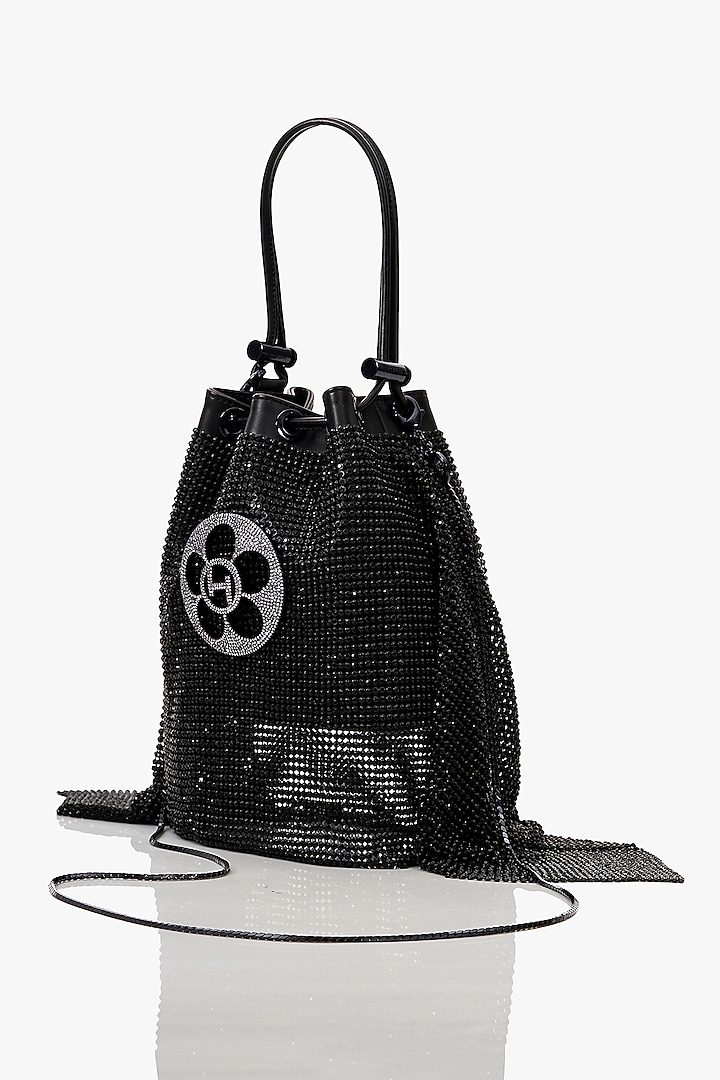 Black Vegan Leather & Rhinestone Mesh Floral Zirconia Bucket Bag by Outhouse at Pernia's Pop Up Shop