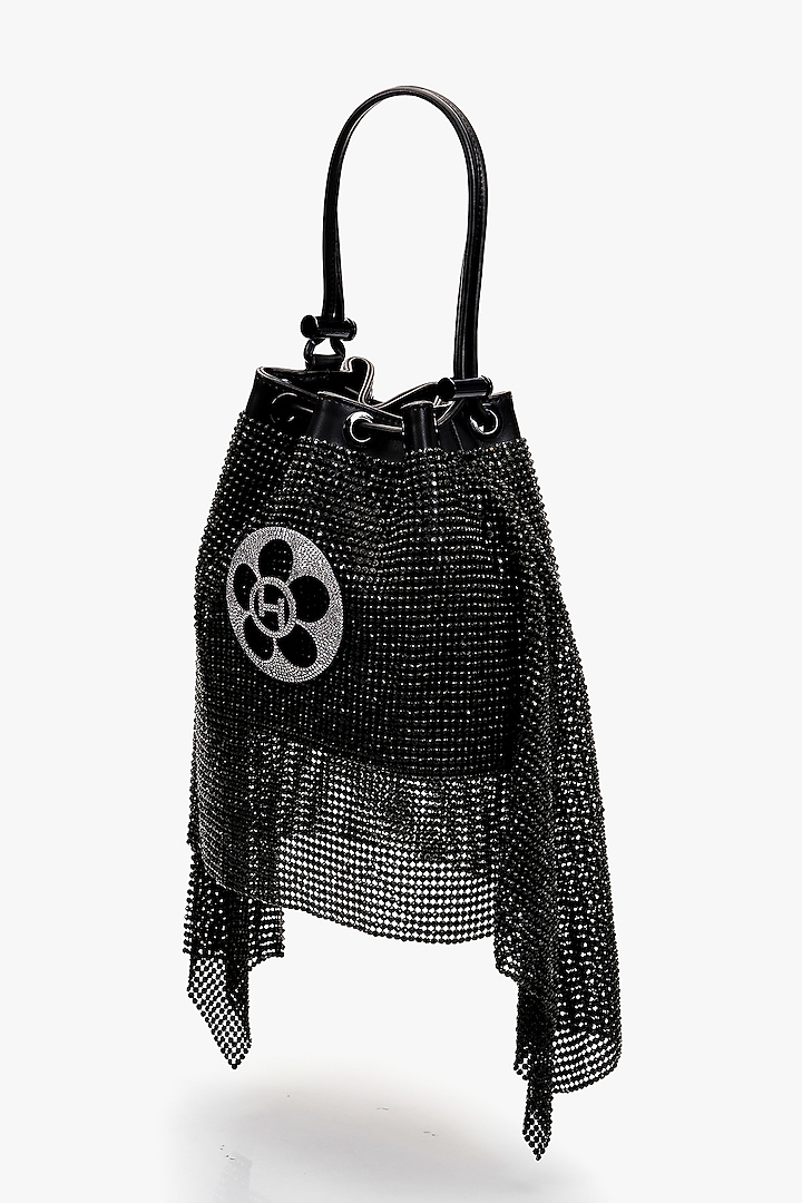 Black Vegan Leather & Rhinestone Mesh Floral Zirconia Bucket Bag by Outhouse at Pernia's Pop Up Shop