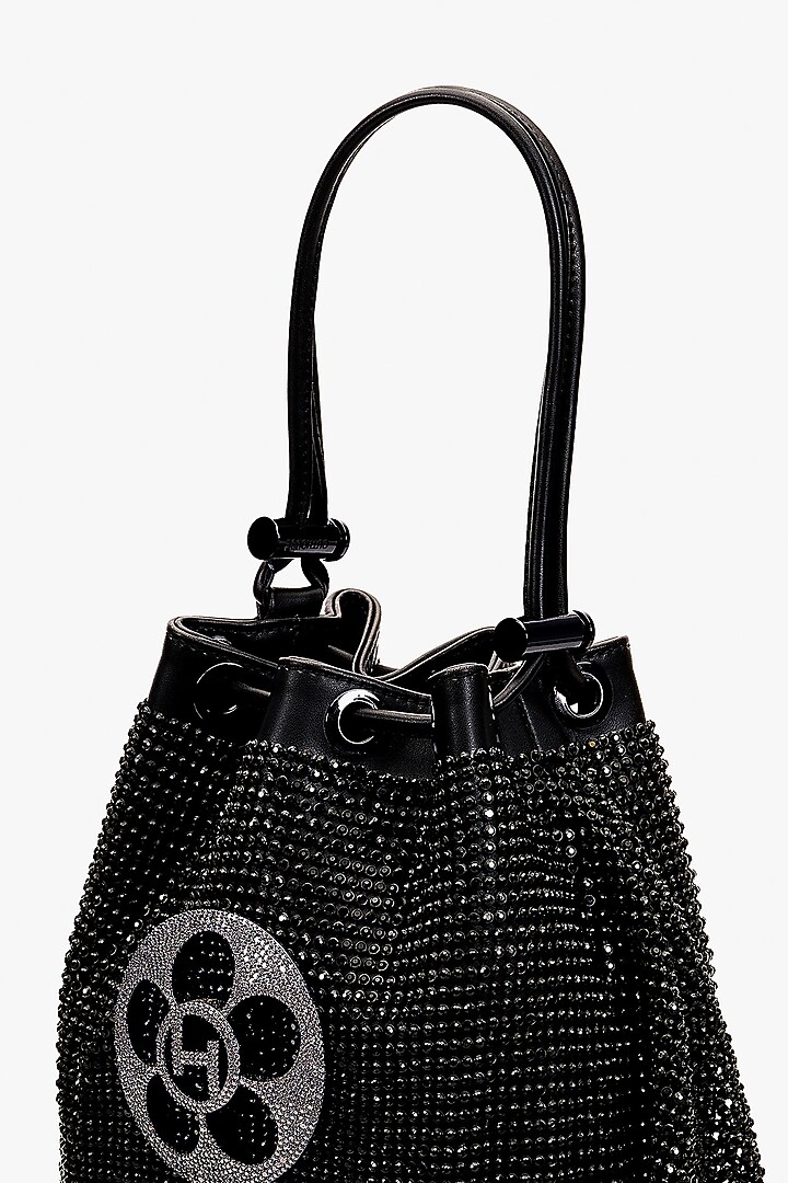 Black Vegan Leather & Rhinestone Mesh Floral Zirconia Bucket Bag by Outhouse at Pernia's Pop Up Shop