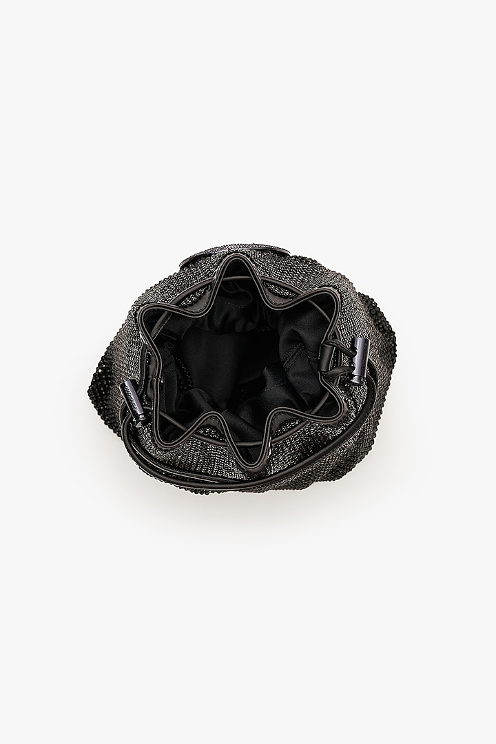 Black Vegan Leather & Rhinestone Mesh Floral Zirconia Bucket Bag by Outhouse at Pernia's Pop Up Shop