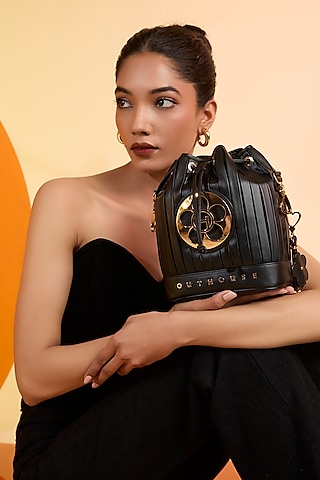 Noir Black Vegan Leather Bucket Bag by Outhouse