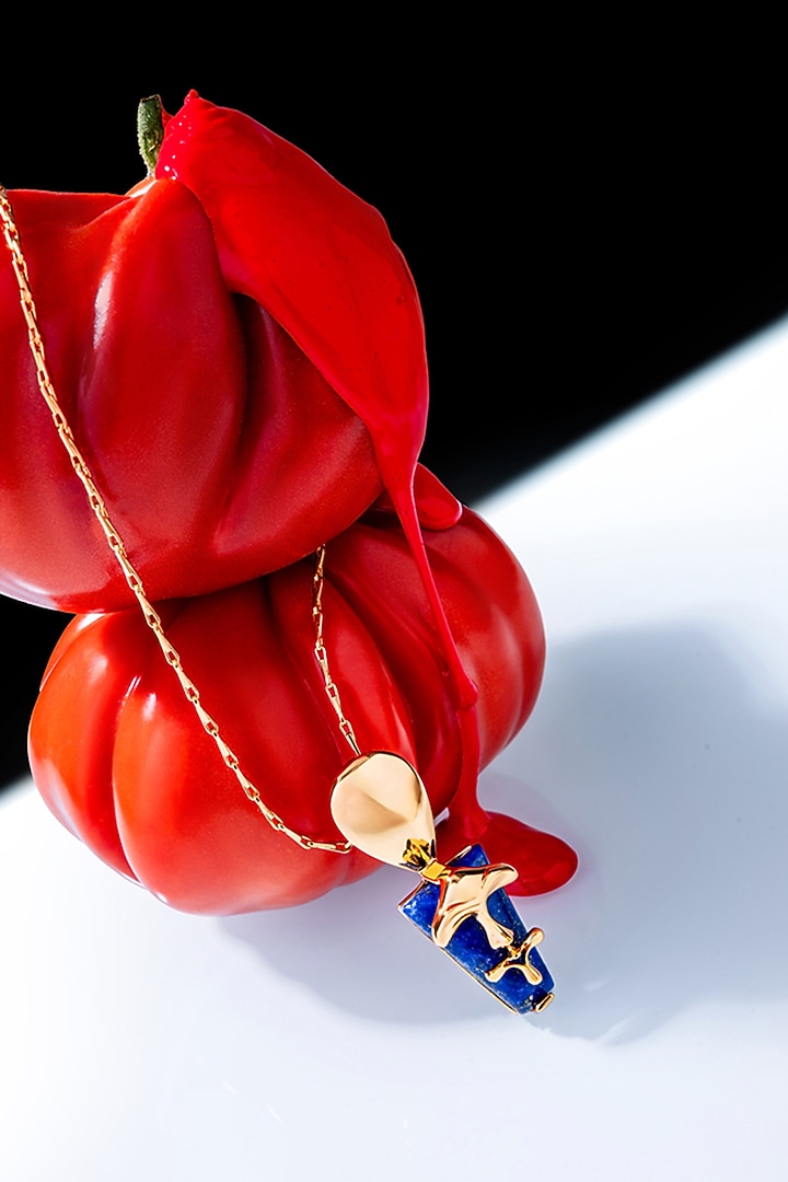 Rose Gold Plated Shroom Motif & Lapis Lazuli Stone Pendant Necklace by Outhouse at Pernia's Pop Up Shop