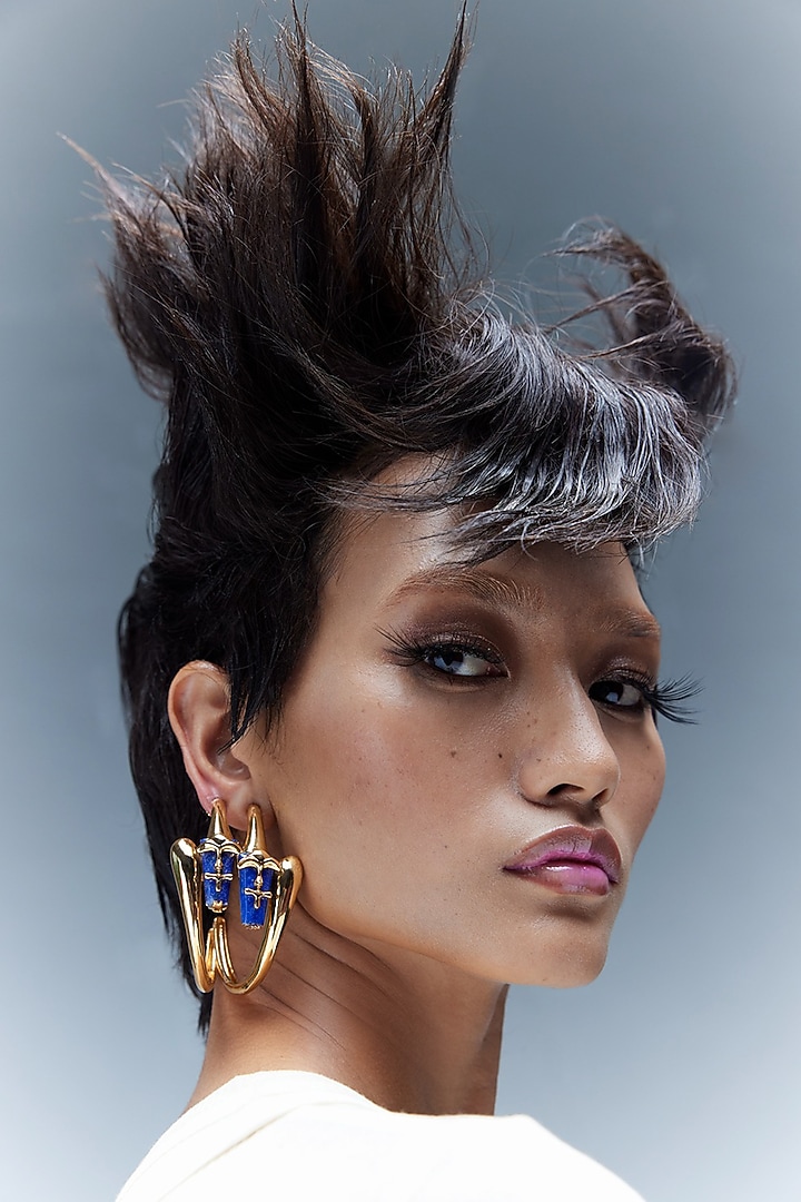 Gold Plated Lapis Lazuli Sculpt Hoop Earrings by Outhouse at Pernia's Pop Up Shop