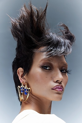 Gold Plated Lapis Lazuli Sculpt Hoop Earrings by Outhouse