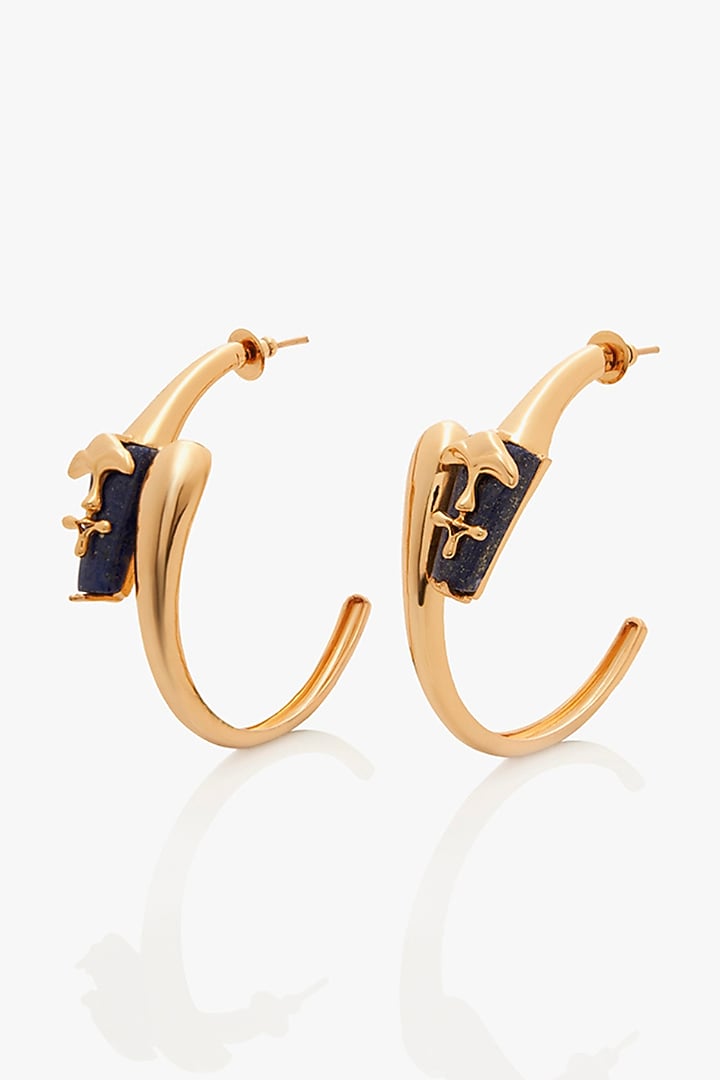 Gold Plated Lapis Lazuli Sculpt Hoop Earrings by Outhouse at Pernia's Pop Up Shop