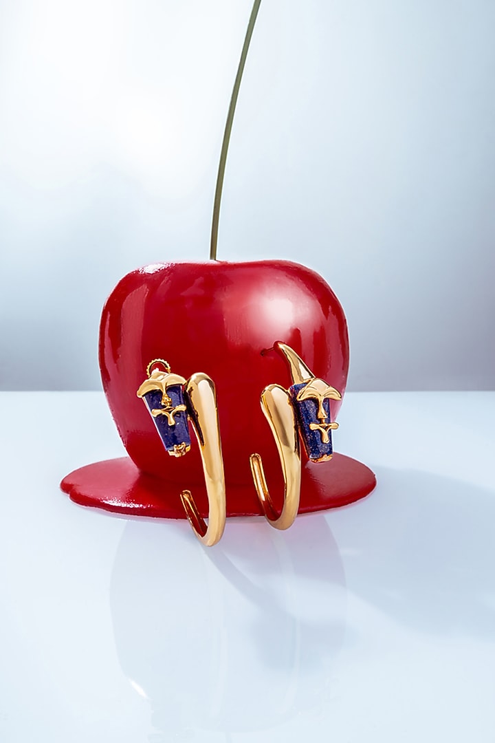 Gold Plated Lapis Lazuli Sculpt Hoop Earrings by Outhouse at Pernia's Pop Up Shop