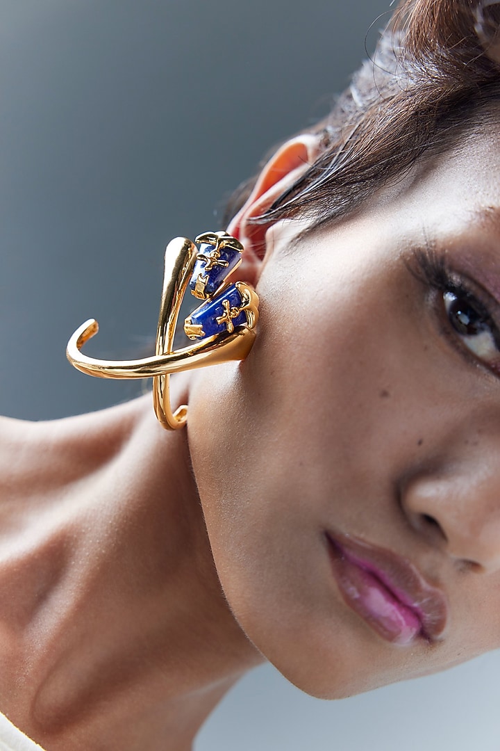 Gold Plated Lapis Lazuli Sculpt Hoop Earrings by Outhouse at Pernia's Pop Up Shop