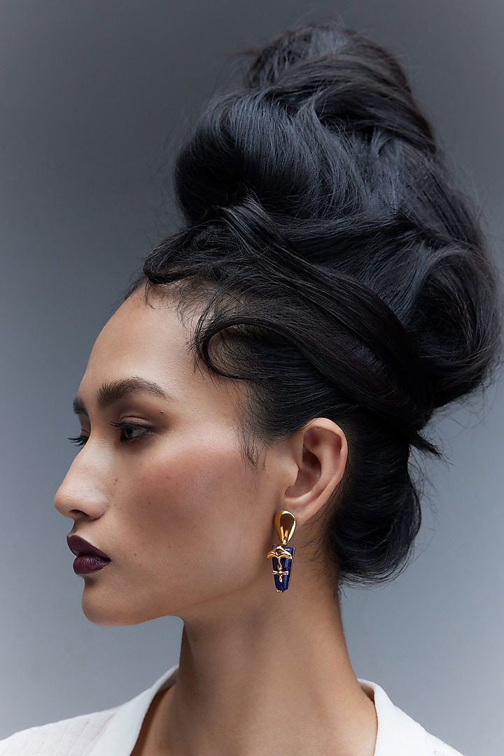 Gold Plated Shroom Motifs & Lapis Lazuli Stud Earrings by Outhouse at Pernia's Pop Up Shop
