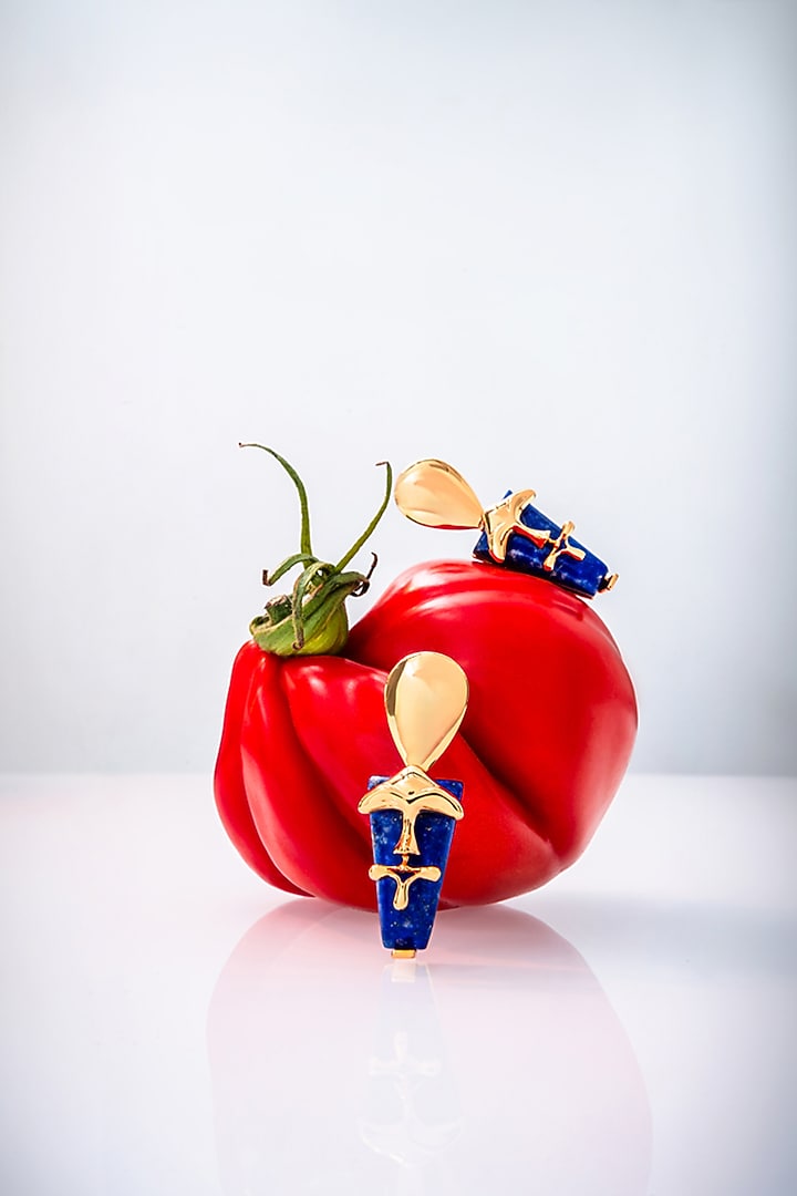 Gold Plated Shroom Motifs & Lapis Lazuli Stud Earrings by Outhouse at Pernia's Pop Up Shop
