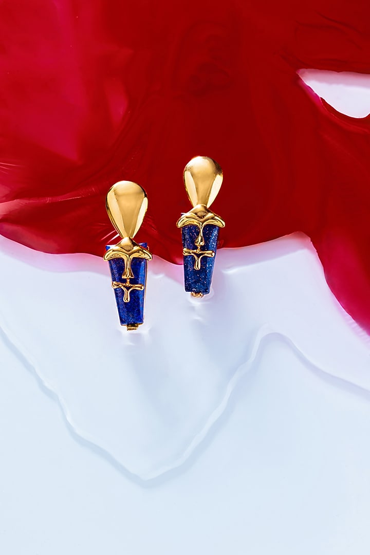 Gold Plated Shroom Motifs & Lapis Lazuli Stud Earrings by Outhouse at Pernia's Pop Up Shop