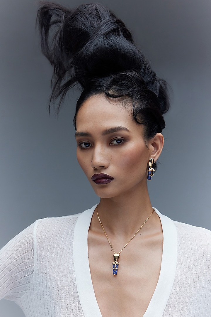 Gold Plated Shroom Motifs & Lapis Lazuli Stud Earrings by Outhouse at Pernia's Pop Up Shop