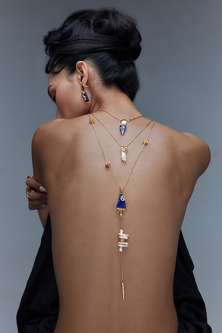 Rose Gold Plated Keshi Pearl & Lapis Lazuli Long Necklace by Outhouse at Pernia's Pop Up Shop
