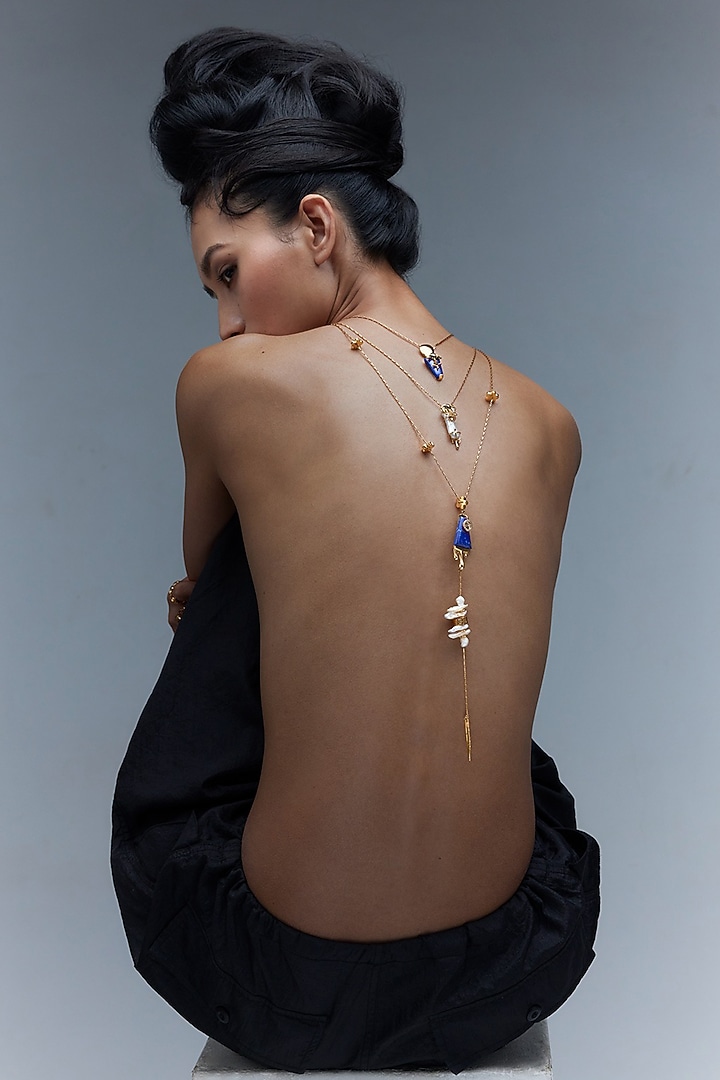 Rose Gold Plated Keshi Pearl & Lapis Lazuli Long Necklace by Outhouse at Pernia's Pop Up Shop