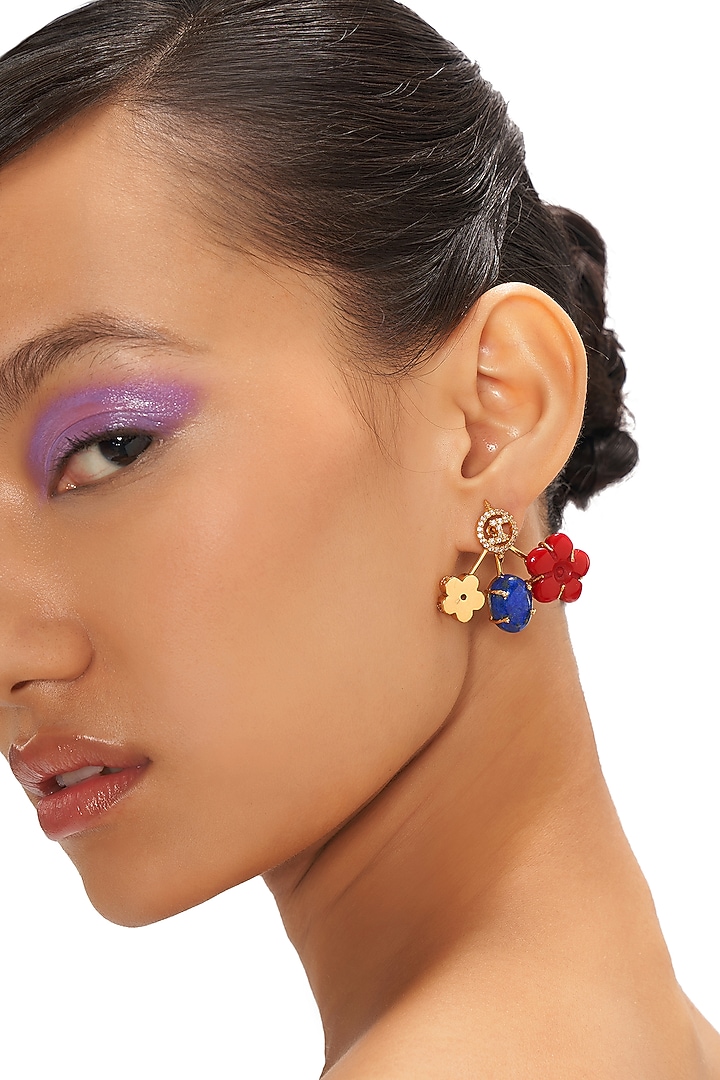 Gold Plated Cubic Zirconia & Lapis Lazuli Floral Stud Earrings by Outhouse at Pernia's Pop Up Shop