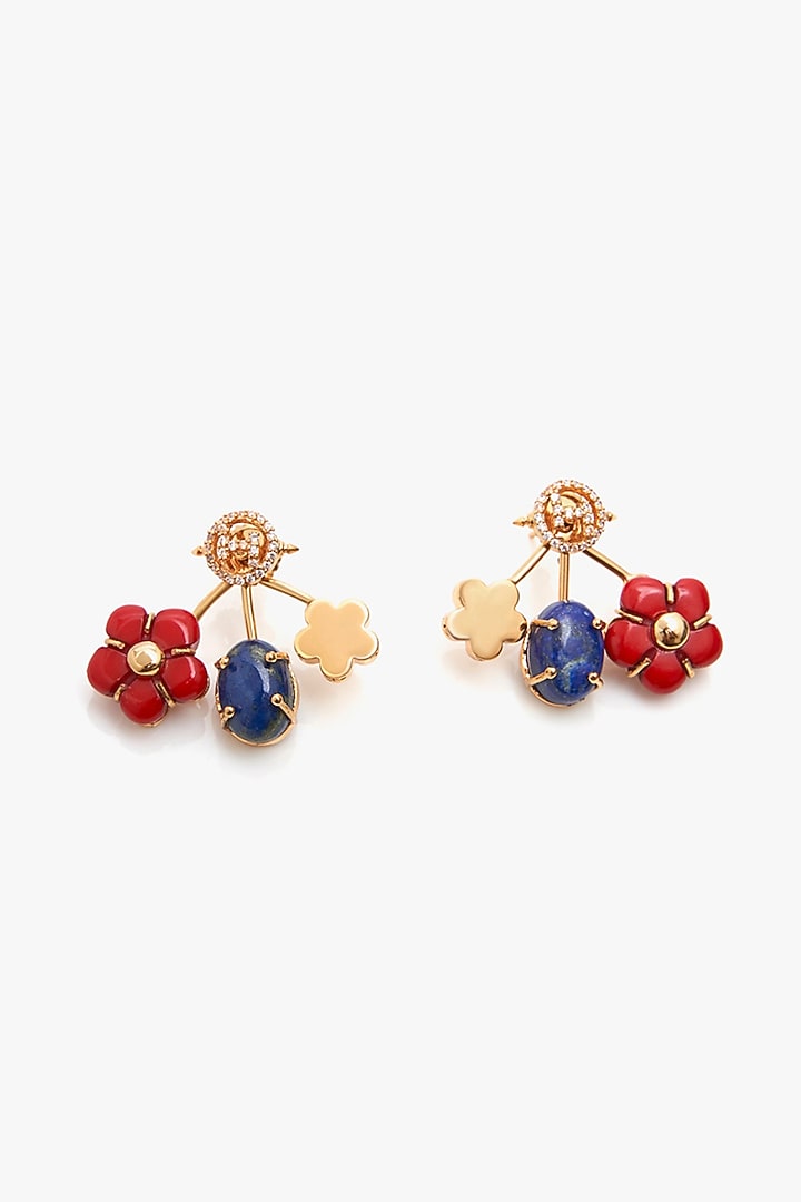 Gold Plated Cubic Zirconia & Lapis Lazuli Floral Stud Earrings by Outhouse at Pernia's Pop Up Shop