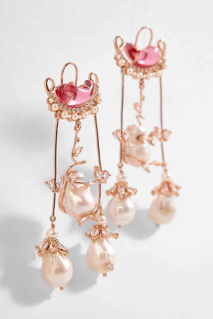 Rose Gold Plated Cubic Zirconia & Baroque Pearl Dangler Earrings by Outhouse at Pernia's Pop Up Shop