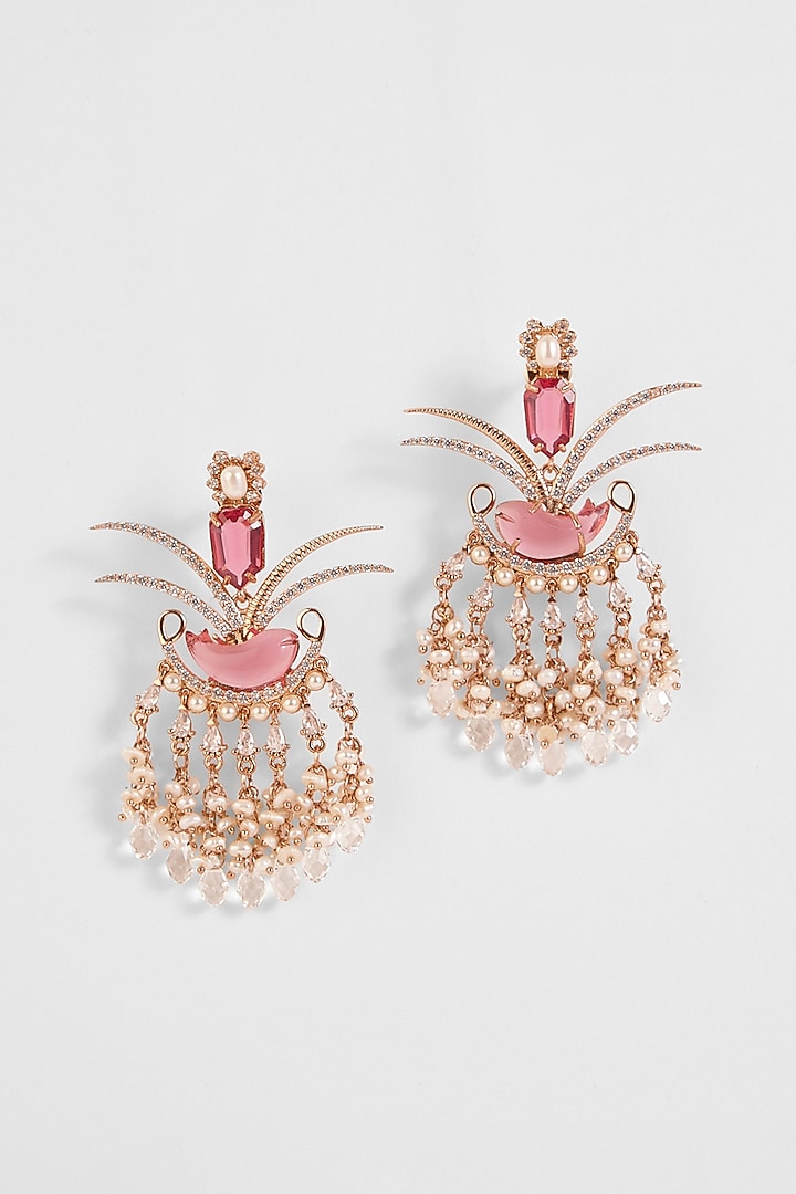Rose Gold Plated Cubic Zirconia & Natural Pearl Dangler Earrings by Outhouse at Pernia's Pop Up Shop