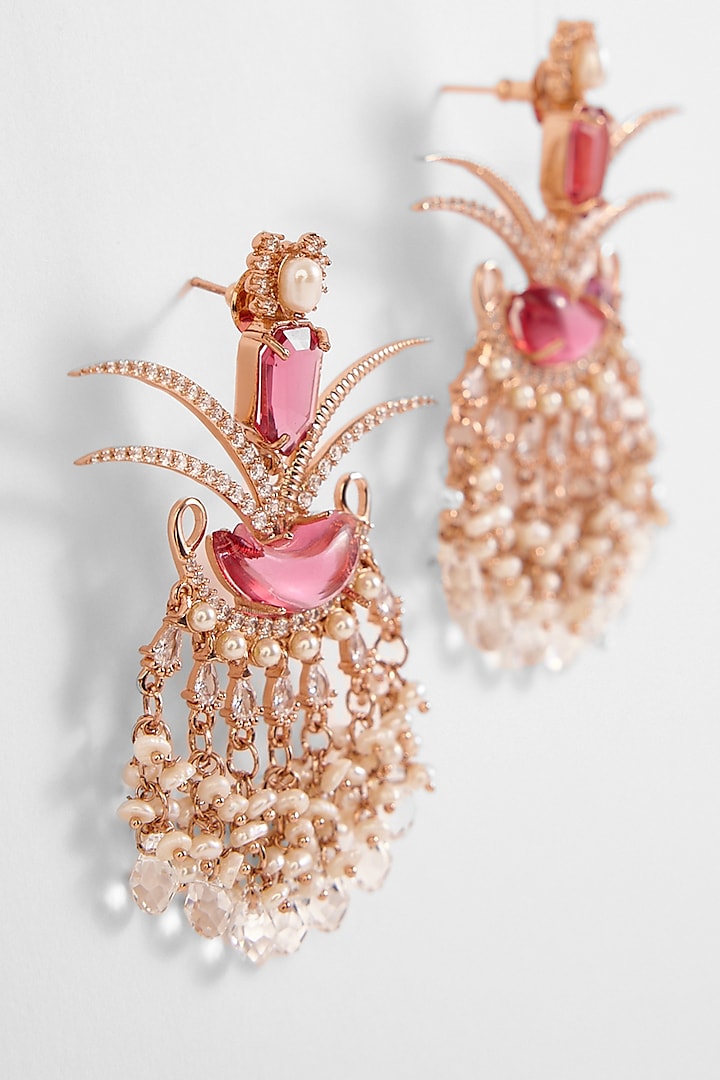 Rose Gold Plated Cubic Zirconia & Natural Pearl Dangler Earrings by Outhouse at Pernia's Pop Up Shop