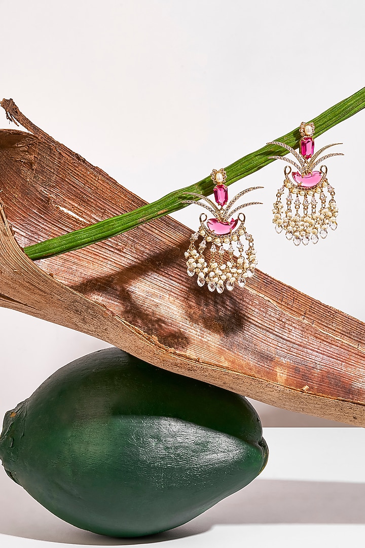 Rose Gold Plated Cubic Zirconia & Natural Pearl Dangler Earrings by Outhouse at Pernia's Pop Up Shop