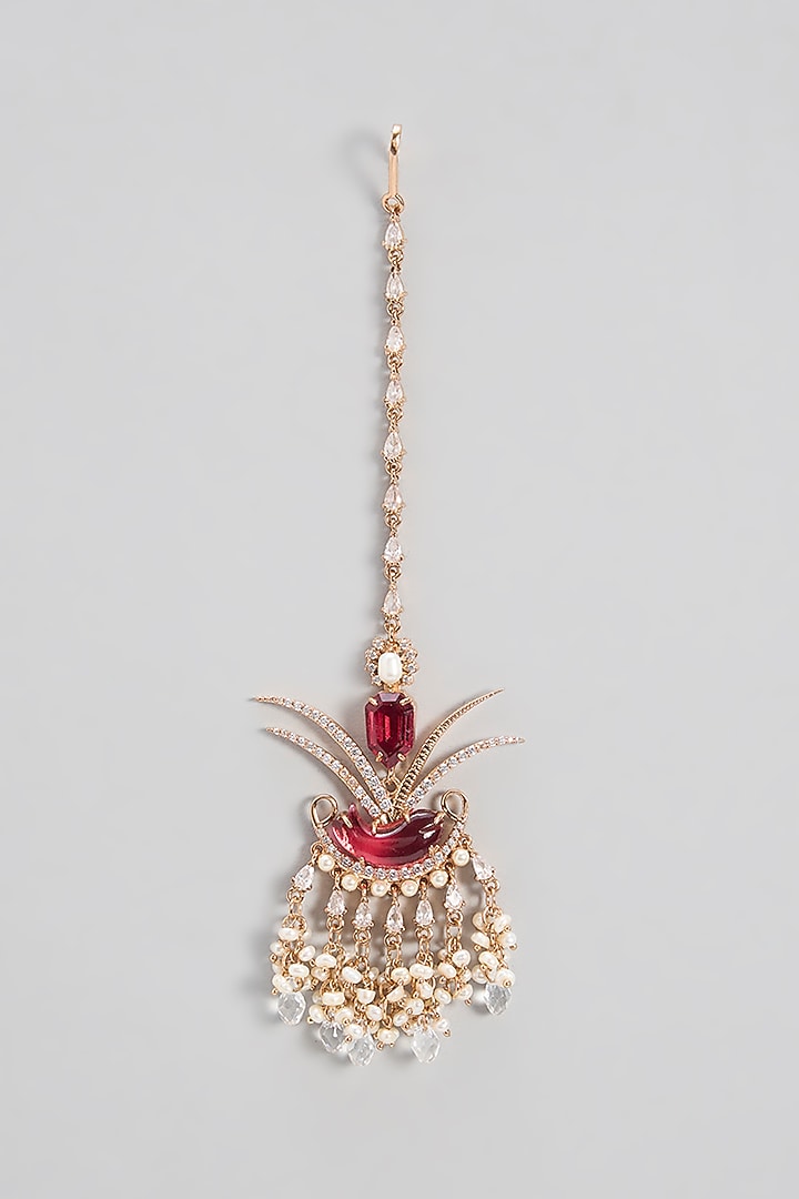 Rose Gold Plated Plated Zircon & Pearl Maangtikka by Outhouse at Pernia's Pop Up Shop
