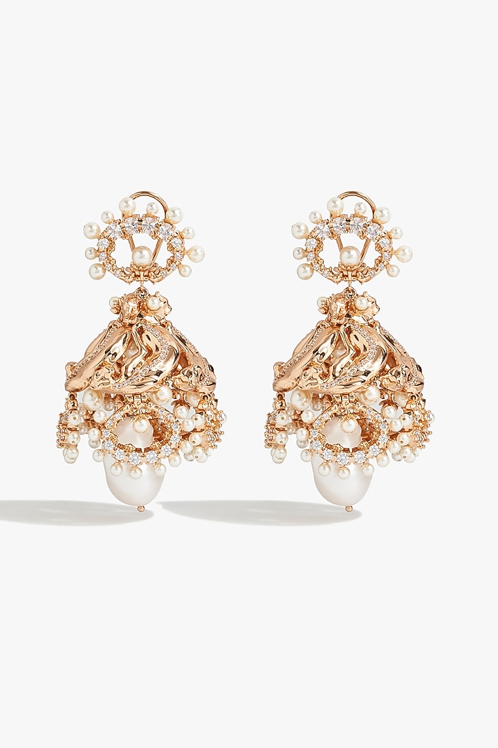 Rose Gold Plated Baroque Pearl & Cubic Zirconia Jhumka Earrings by Outhouse at Pernia's Pop Up Shop