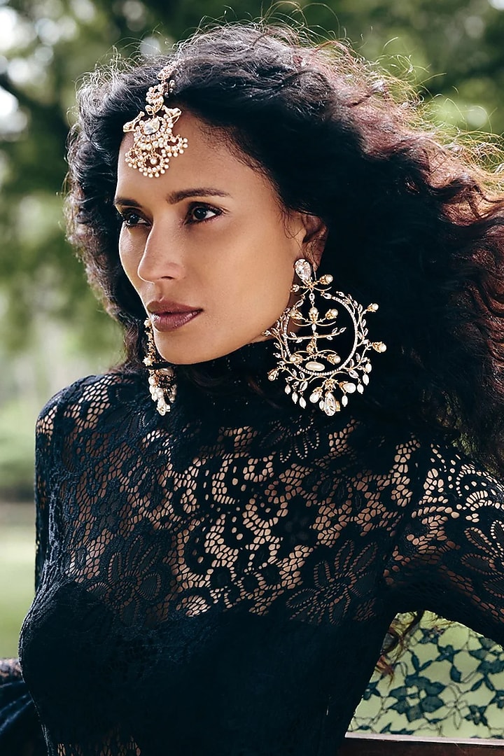 Rose Gold Plated Cubic Zirconia & Pearl Chandbali Earrings by Outhouse at Pernia's Pop Up Shop