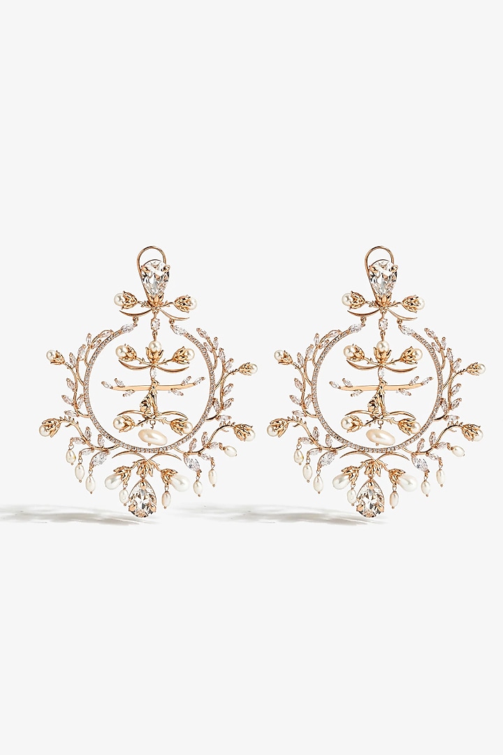 Rose Gold Plated Cubic Zirconia & Pearl Chandbali Earrings by Outhouse at Pernia's Pop Up Shop