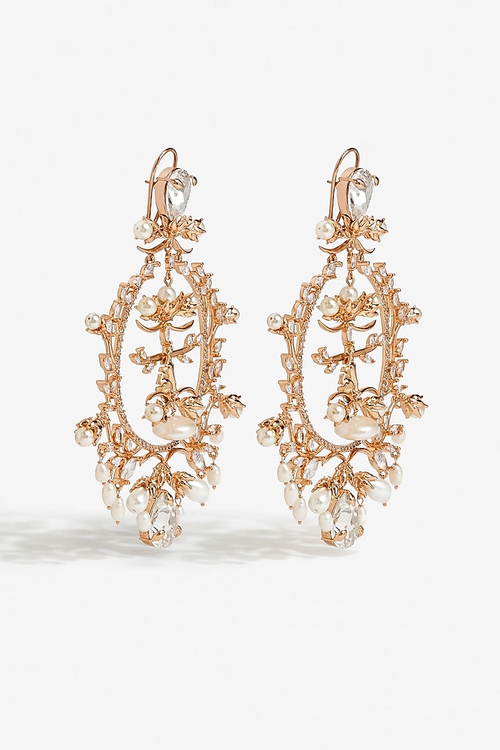 Rose Gold Plated Cubic Zirconia & Pearl Chandbali Earrings by Outhouse at Pernia's Pop Up Shop