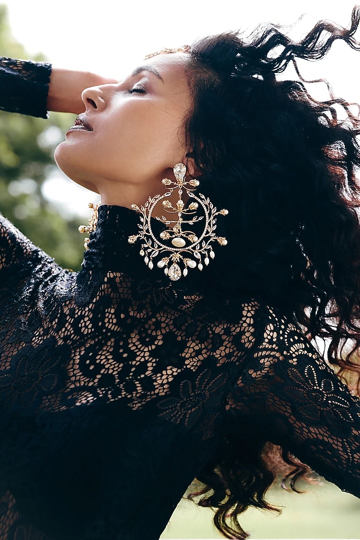 Rose Gold Plated Cubic Zirconia & Pearl Chandbali Earrings by Outhouse at Pernia's Pop Up Shop