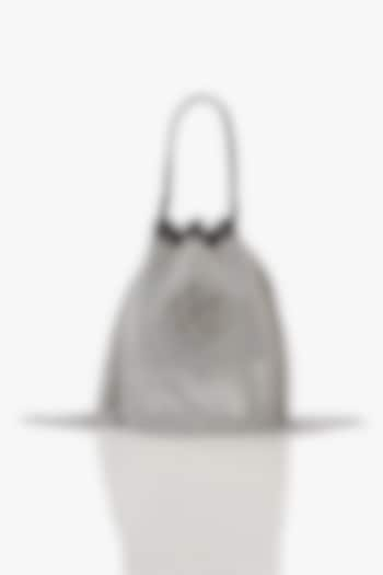 Silver Vegan Leather & Rhinestone Mesh Floral Zirconia Bucket Bag by Outhouse at Pernia's Pop Up Shop