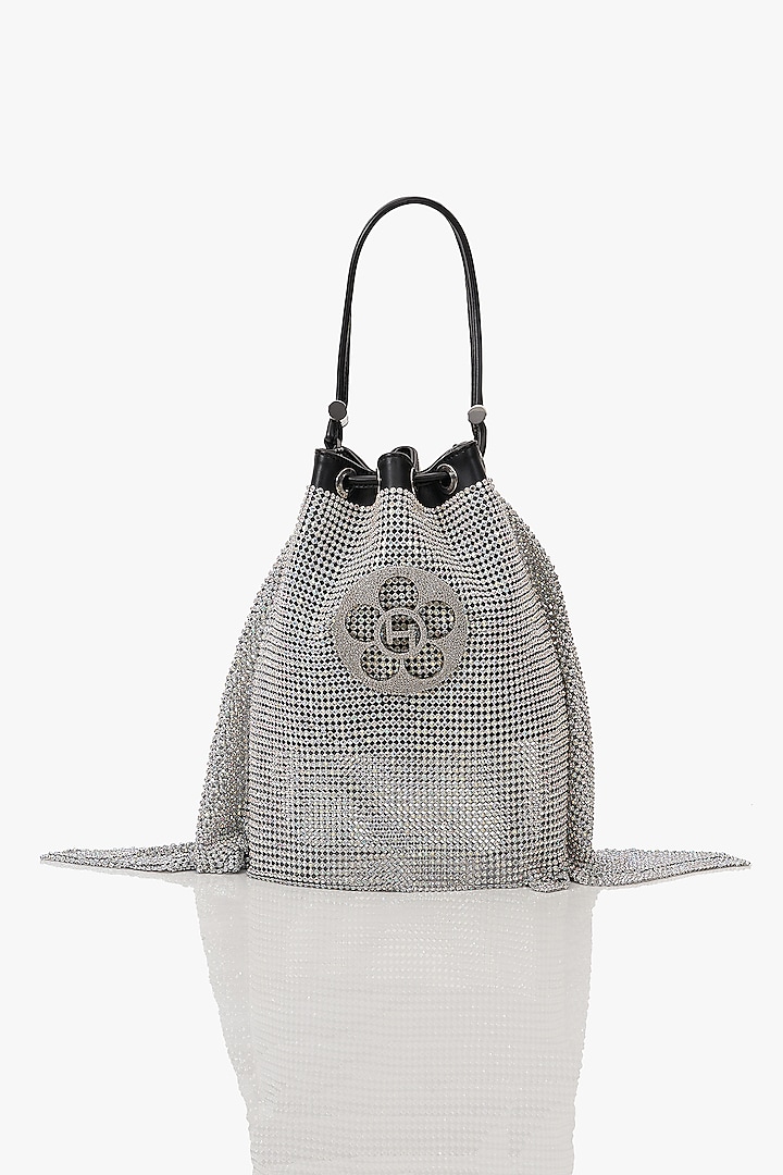 Silver Vegan Leather & Rhinestone Mesh Floral Zirconia Bucket Bag by Outhouse at Pernia's Pop Up Shop