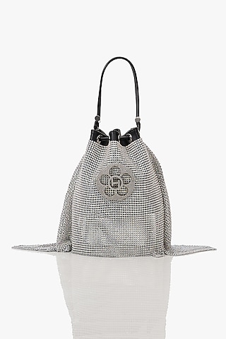 Silver Vegan Leather & Rhinestone Mesh Floral Zirconia Bucket Bag by Outhouse